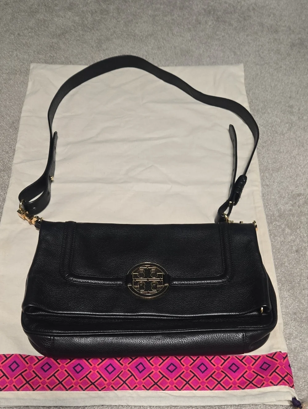 Tory Burch Black Leather Crossbody with Gold Logo Medallion